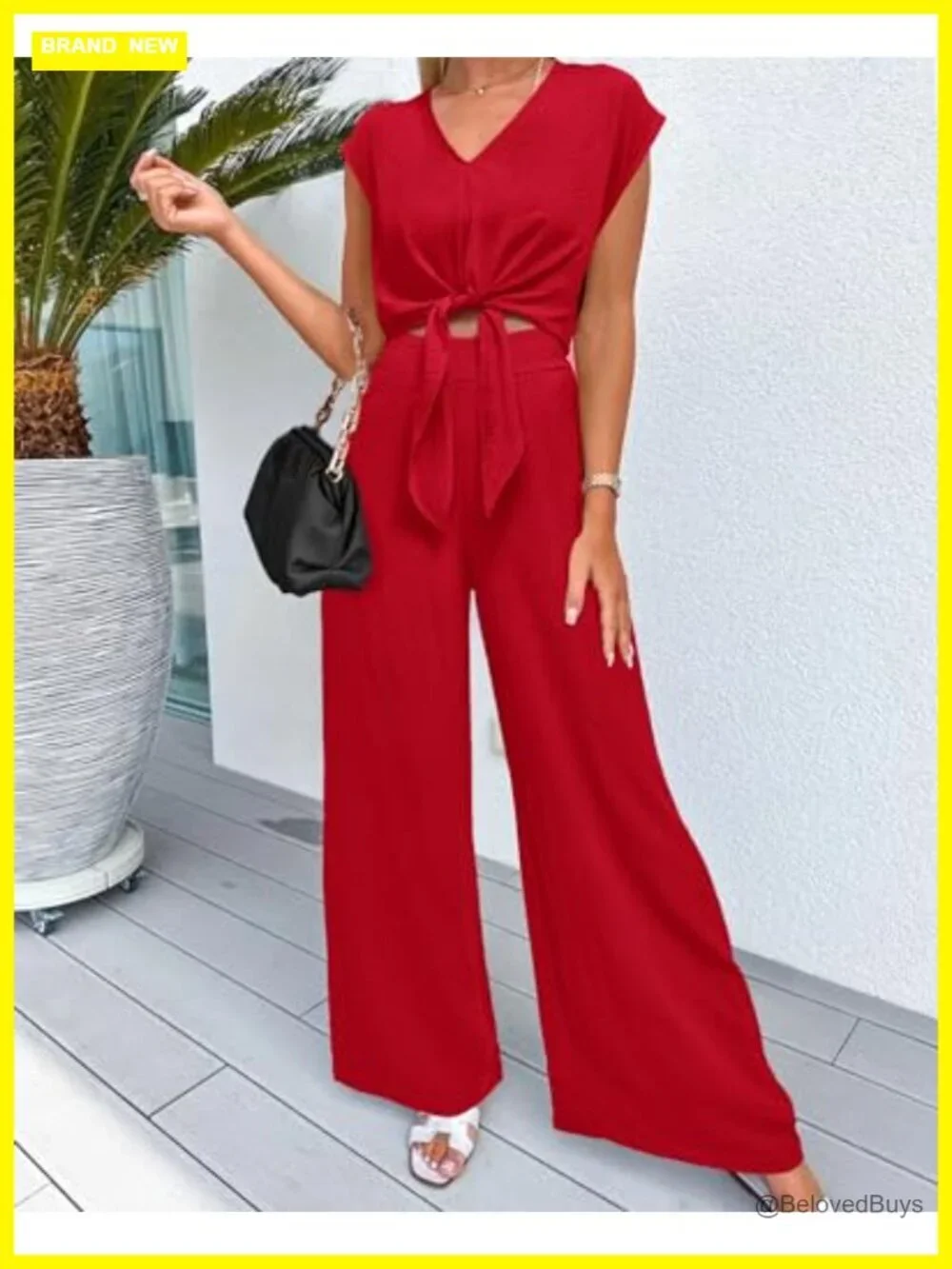 Women's Cap Sleeve V Neck Crop Top Wide Leg Pant Set 2 Piece Tracksuit